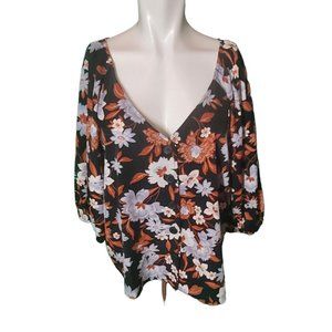 Sanctuary Boho Floral Puff Sleeve Peasant Top Satin Blouse Sz XL